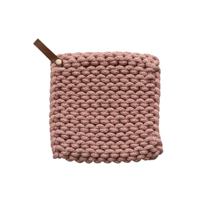 Pink Cotton Crocheted Pot Holder w/ Leather Loop - 8"