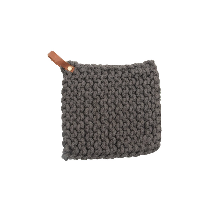 Charcoal Crocheted Pot Holder w/ Leather Strap