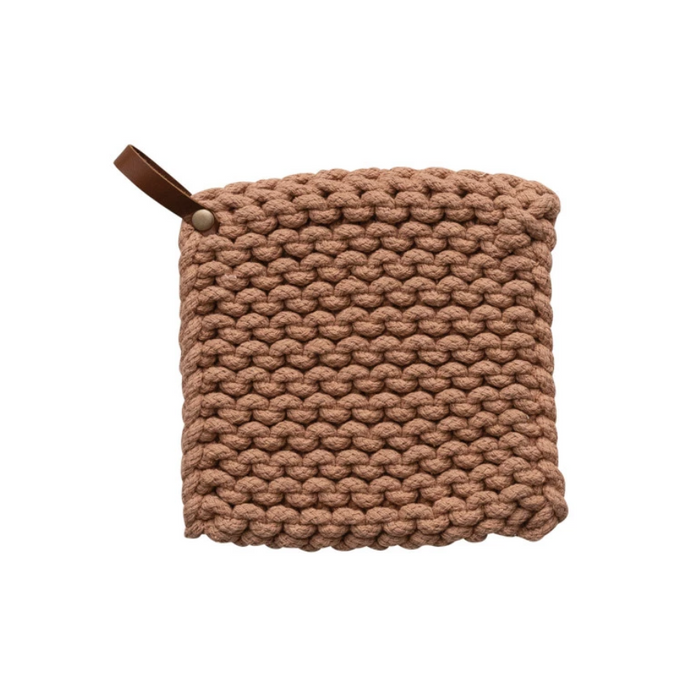 Tan Cotton Crocheted Pot Holder w/ Leather Loop - 8"