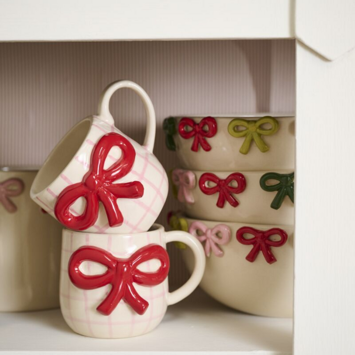 Pink Grid Bow Mug - 12 oz