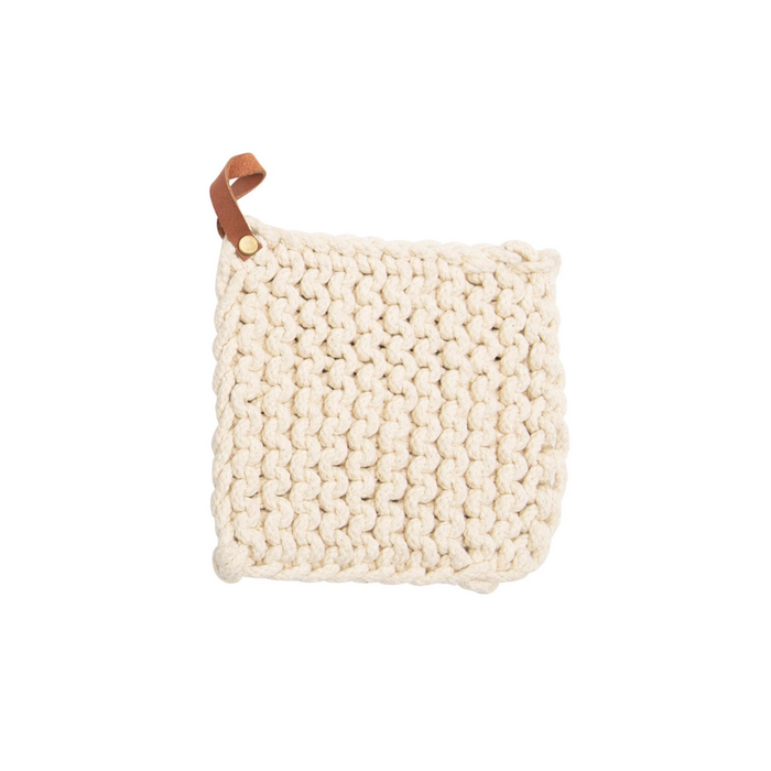 Cream Crocheted Pot Holder w/ Leather Strap