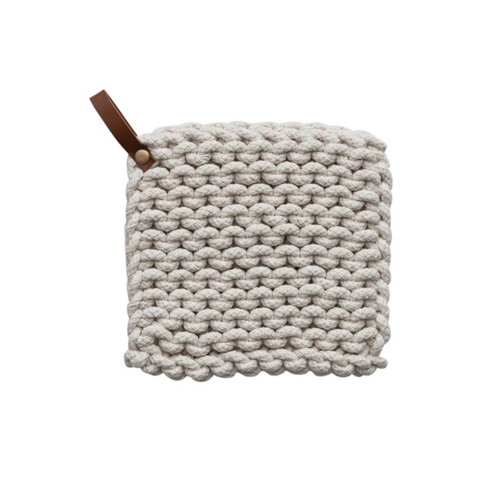 White Cotton Crocheted Pot Holder w/ Leather Loop - 8"