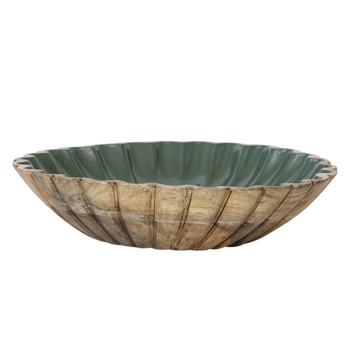 Mango Wood Enameled Green Scalloped Bowl