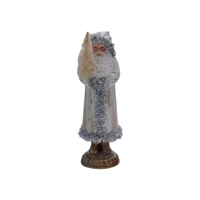 Resin Santa w/ Tinsel & Bottle Brush Tree - 10"