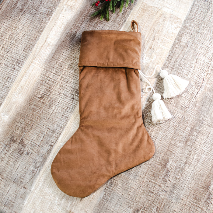Nutmeg Velvet Stocking with White Tassels - 22"