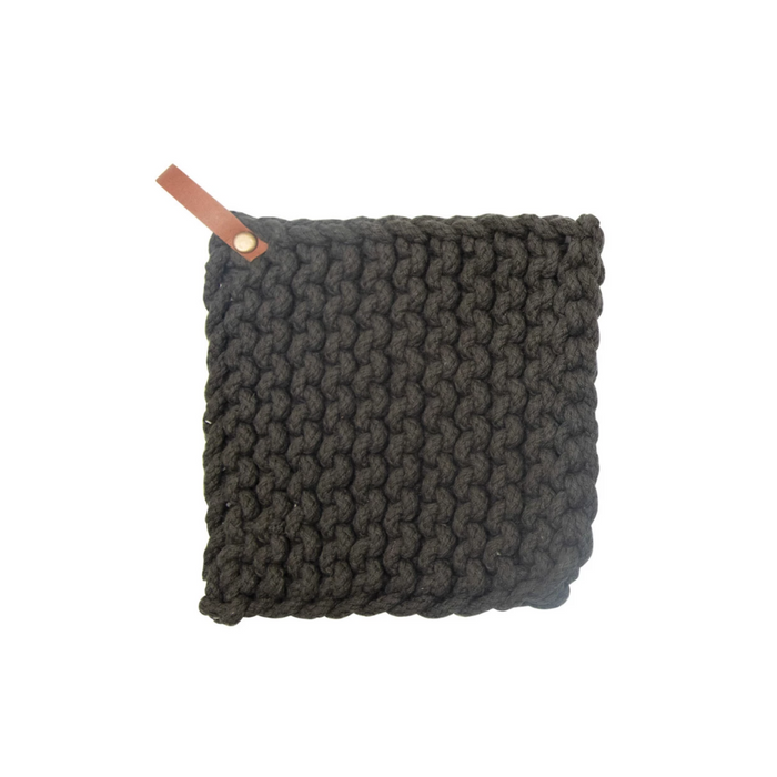 Black Crocheted Pot Holder w/ Leather Strap - 8"