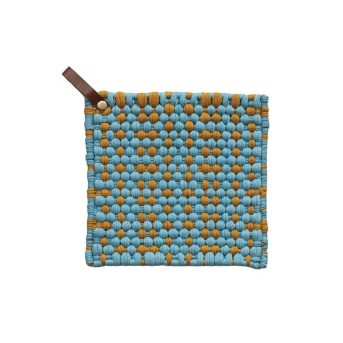 Blue/Orange Crocheted Pot Holder w/ Leather Loop - 8"