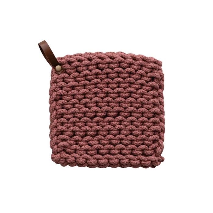 Dark Mauve Cotton Crocheted Pot Holder w/ Leather Loop - 8"