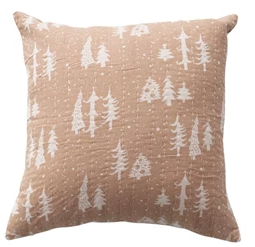 18x18 Tan Trees Pillow w/ Kantha Stitch