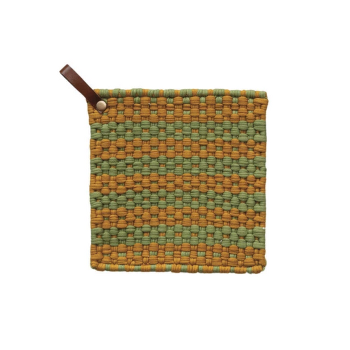 Green/Orange Crocheted Pot Holder w/ Leather Loop - 8"